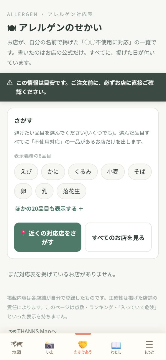 🍽 アレルゲン対応表の頁。